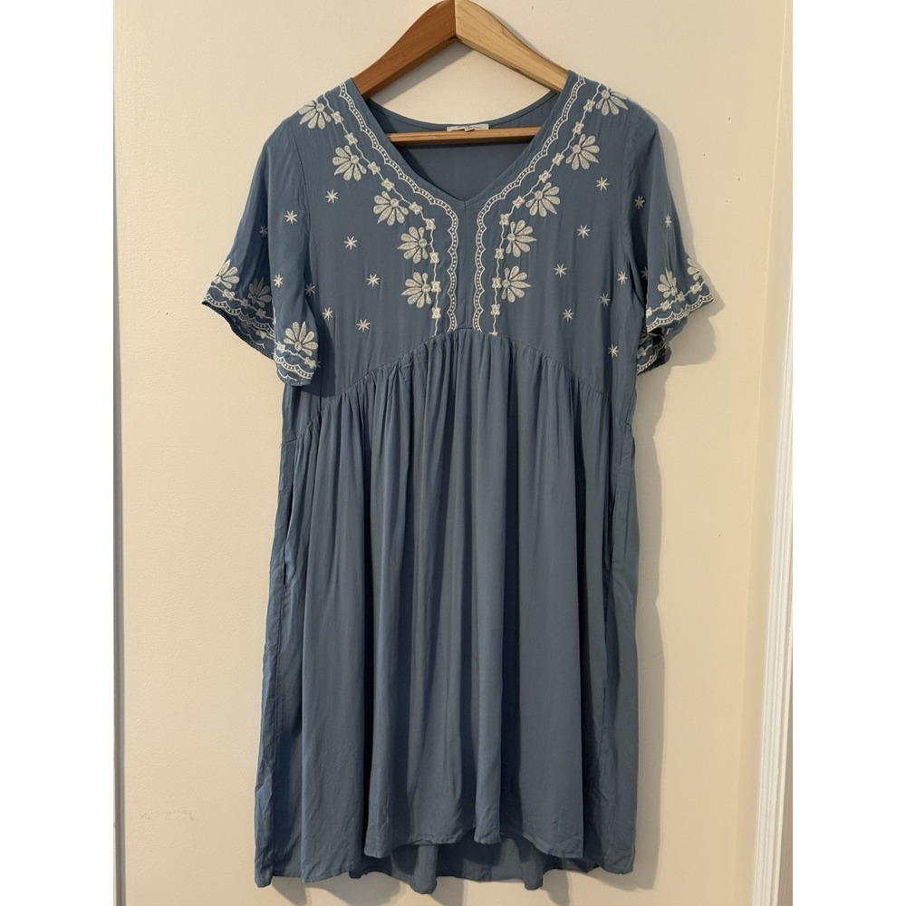Polagram Blue Floral Dress With Pockets L 100% Rayon Boho Cottagecore Chic